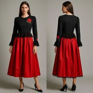 Vtg William Pearson Rose Lace Satin Midi Dress 80s Whimsygoth Lady Valentine